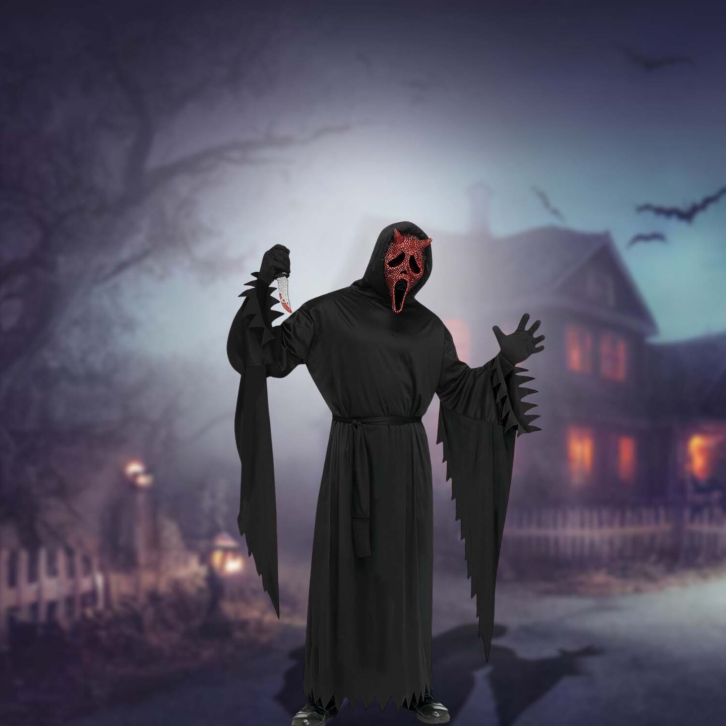 Adults Devil Face Bling Costume Hooded Robe Gloves and Rhinestone Mask