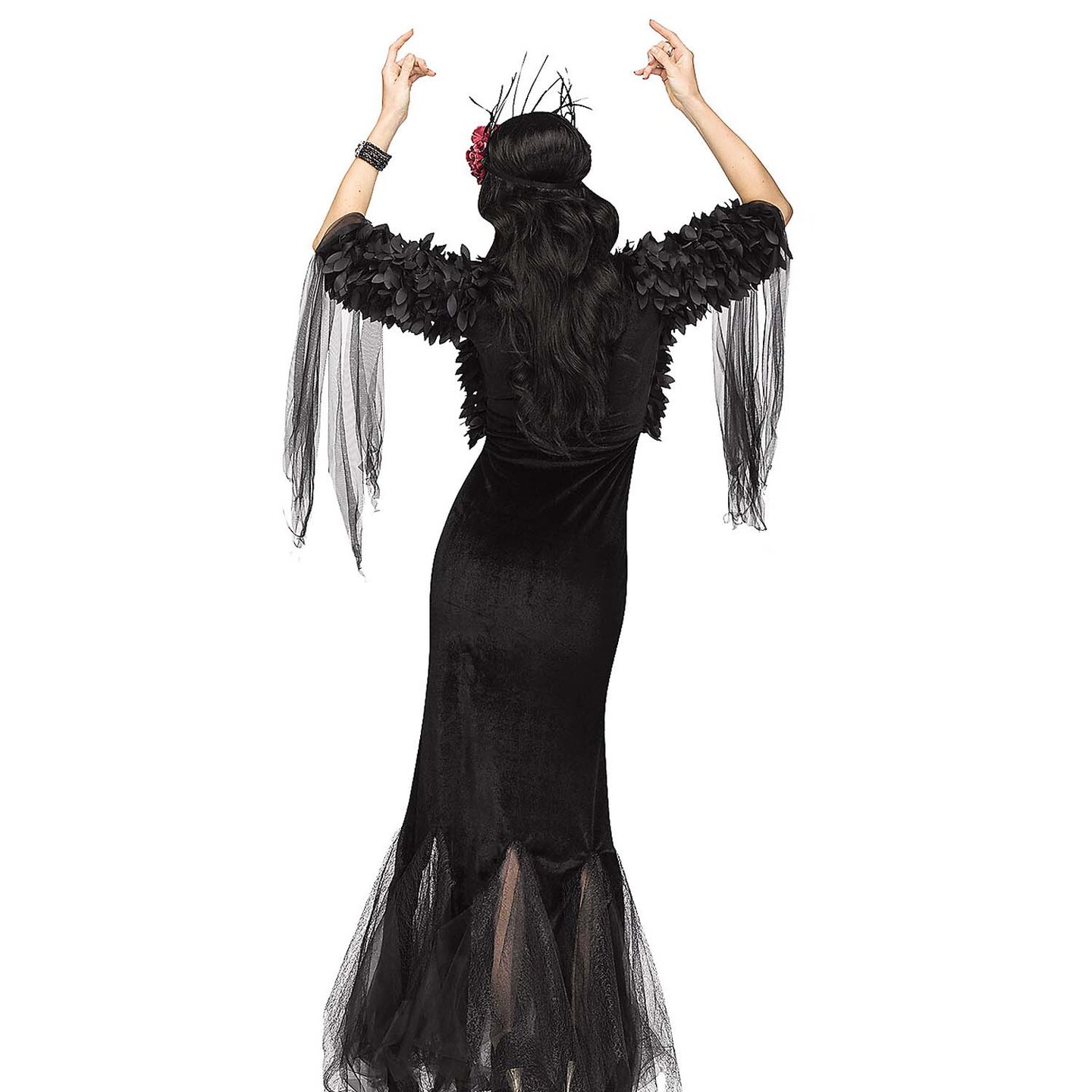 Women Raven Mistress Costume Black Floor Length Gown with Feather Shrug