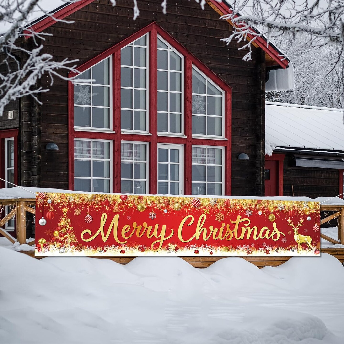 Merry Christmas Banner - Red and Gold Large Outdoor Xmas Tree Elk Banner(Red)9.8&#x22;L x 2&#x22;W