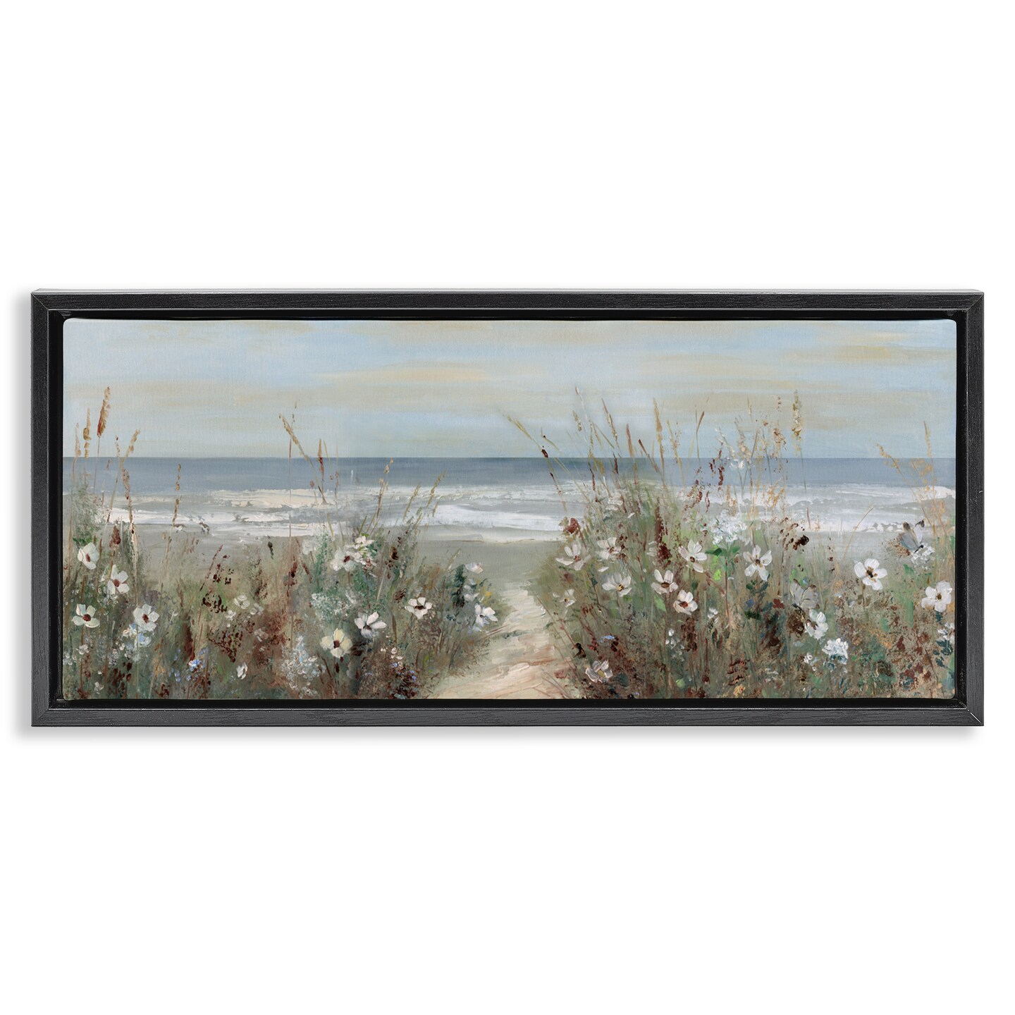 Stupell Industries Wildflower Coastline Beach Path Black Framed Floater Canvas Wall Art, design by Sally Swatland