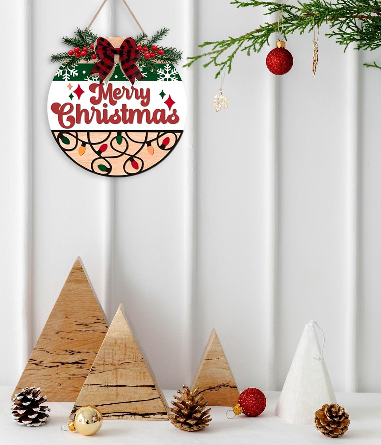 Merry Christmas Wreath Wooden Sign - Red (12x12 inch)