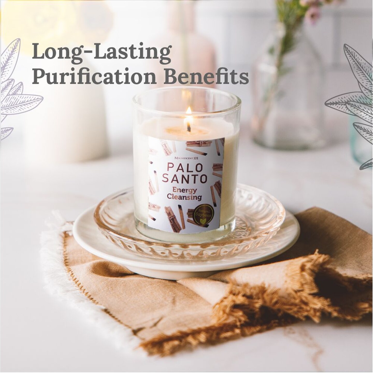 Magnificent 101 Set of 3 Long Lasting Palo Santo Smudge Candles - 42 Hour Burn, 3.5 Oz Each, Made with Soy Wax and Herb, Ideal for House Energy Cleansing, Meditation & Manifestation - Sage Candle