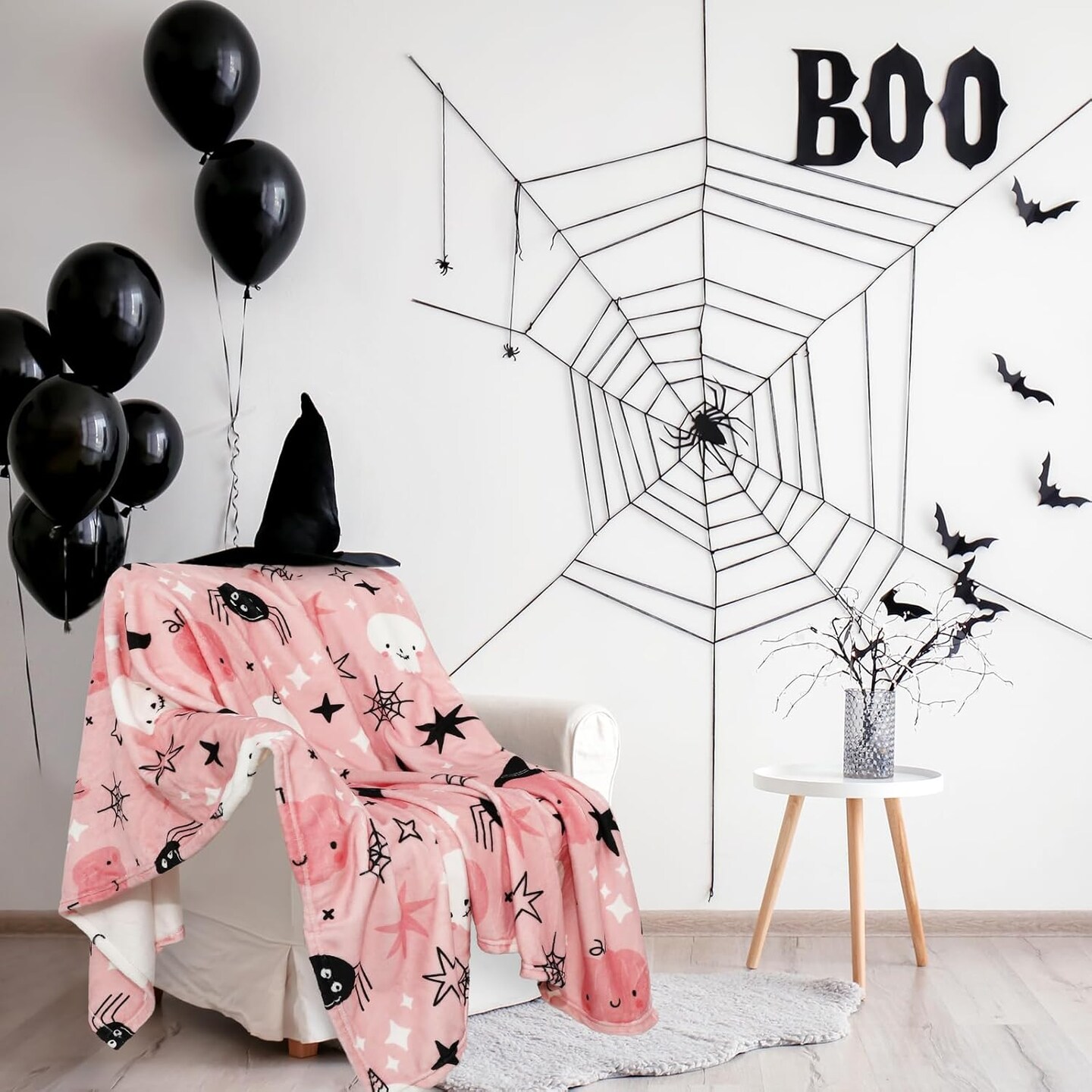 Halloween Fuzzy Blanket Pink Cute Pumpkin Ghost Bat(Pink Ghost Bats)