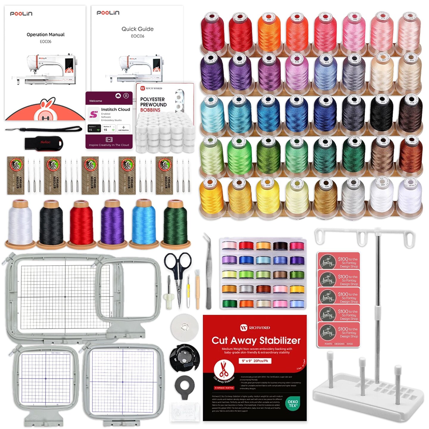 POOLIN EOC06 7.9in x 11in Embroidery Machine with Deluxe Accessory Kit - Red