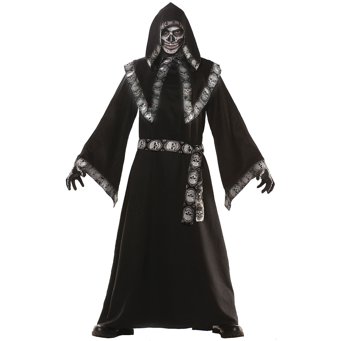 Men Crypt Keeper Costume Skull Jacquard Tunic Hooded Shawl and Belt