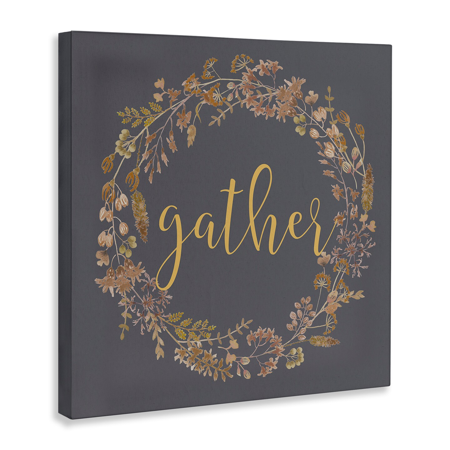 Gather Calligraphy Rustic Autumn Botanical Blooms Wreath  Canvas Art