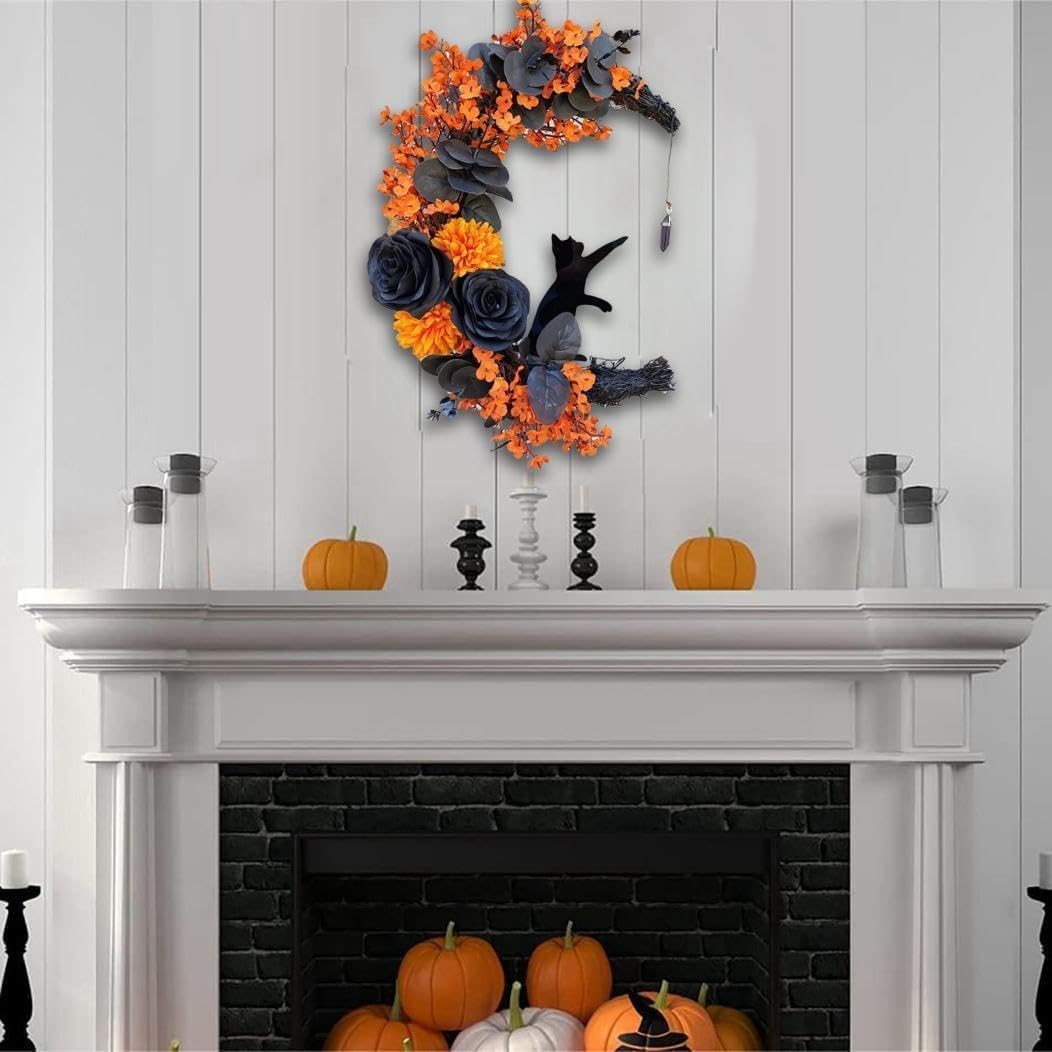 Halloween Wreaths Moon Cat Wreath Garland for Front Door with Lights - Yellow