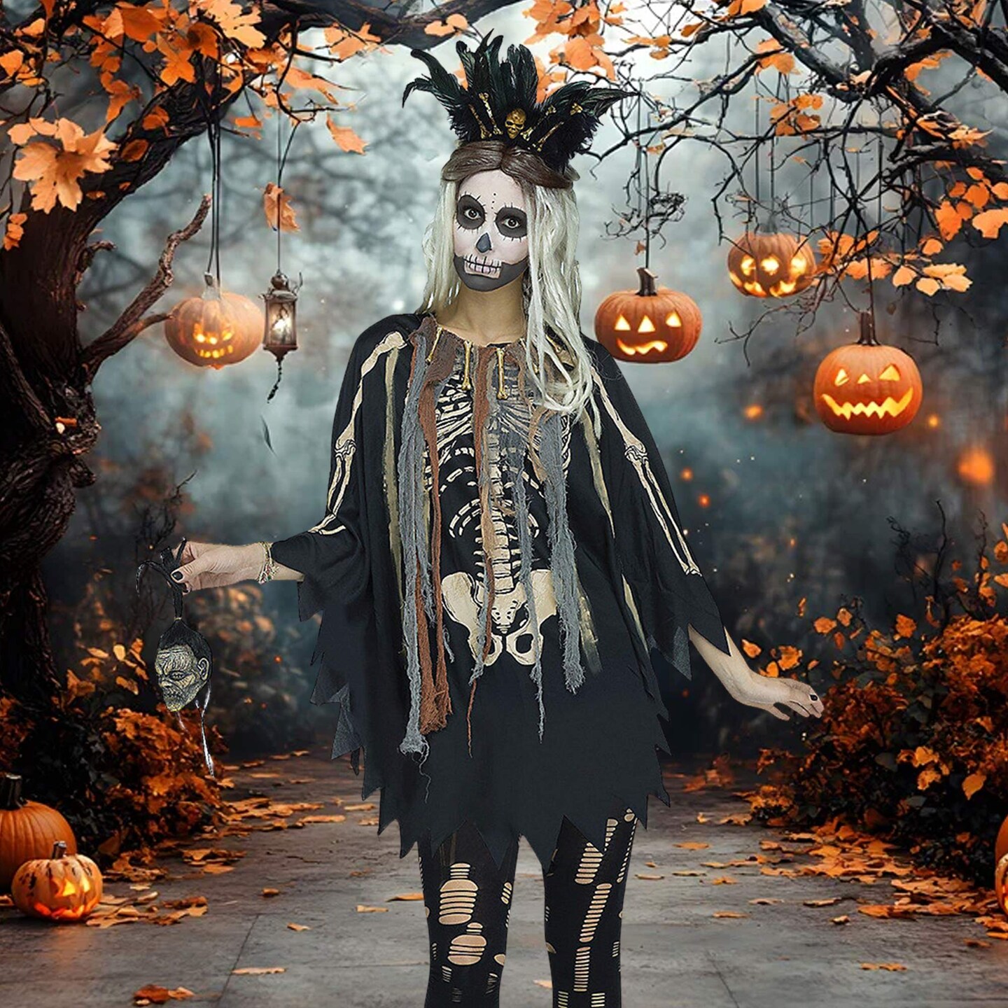 Spooky Voodoo Skeleton Poncho Costume