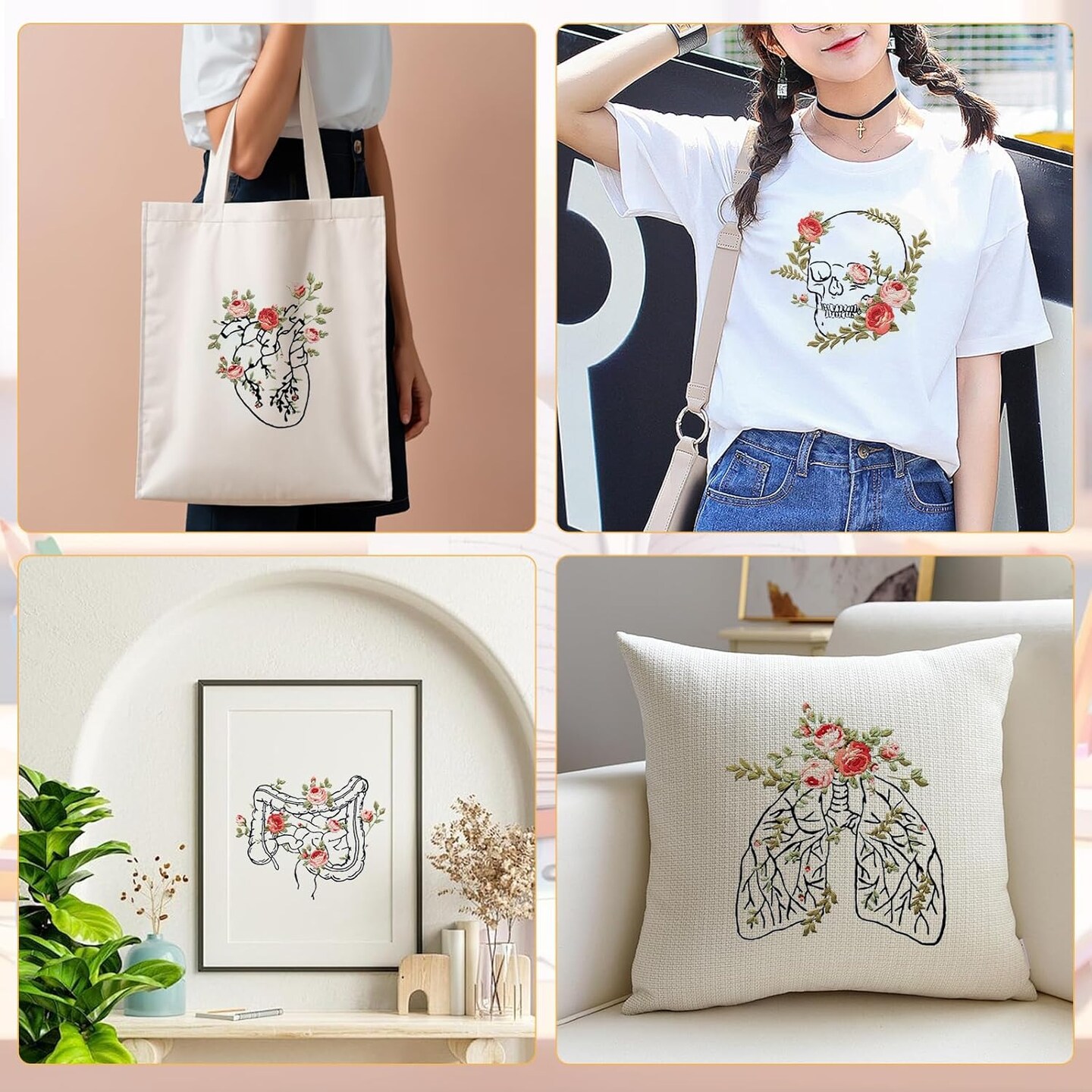 Skull & Anatomy Embroidery Kit for Beginners – 5 Floral Stamped Patterns with Hoops, Needles, and Threads – DIY Needlepoint Set for Adults, Doctors & Nurses