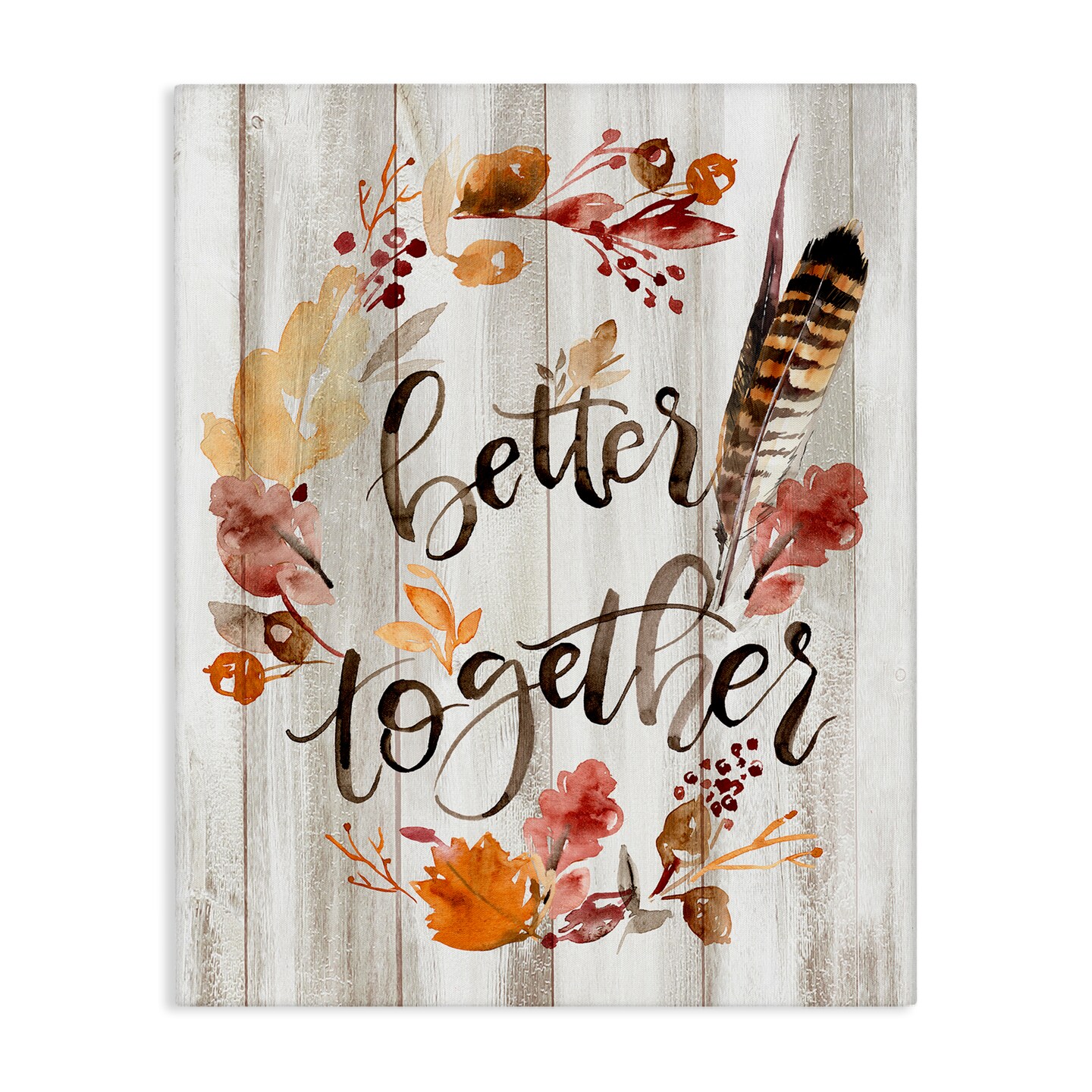 Better Together Rustic Boho Calligraphy Feather Plants Canvas Art