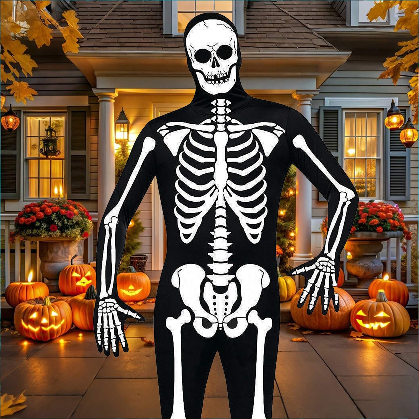 Boy&#x27;s Skull N Bones Morphsuit Costume with Full Hooded Skeleton Print Design