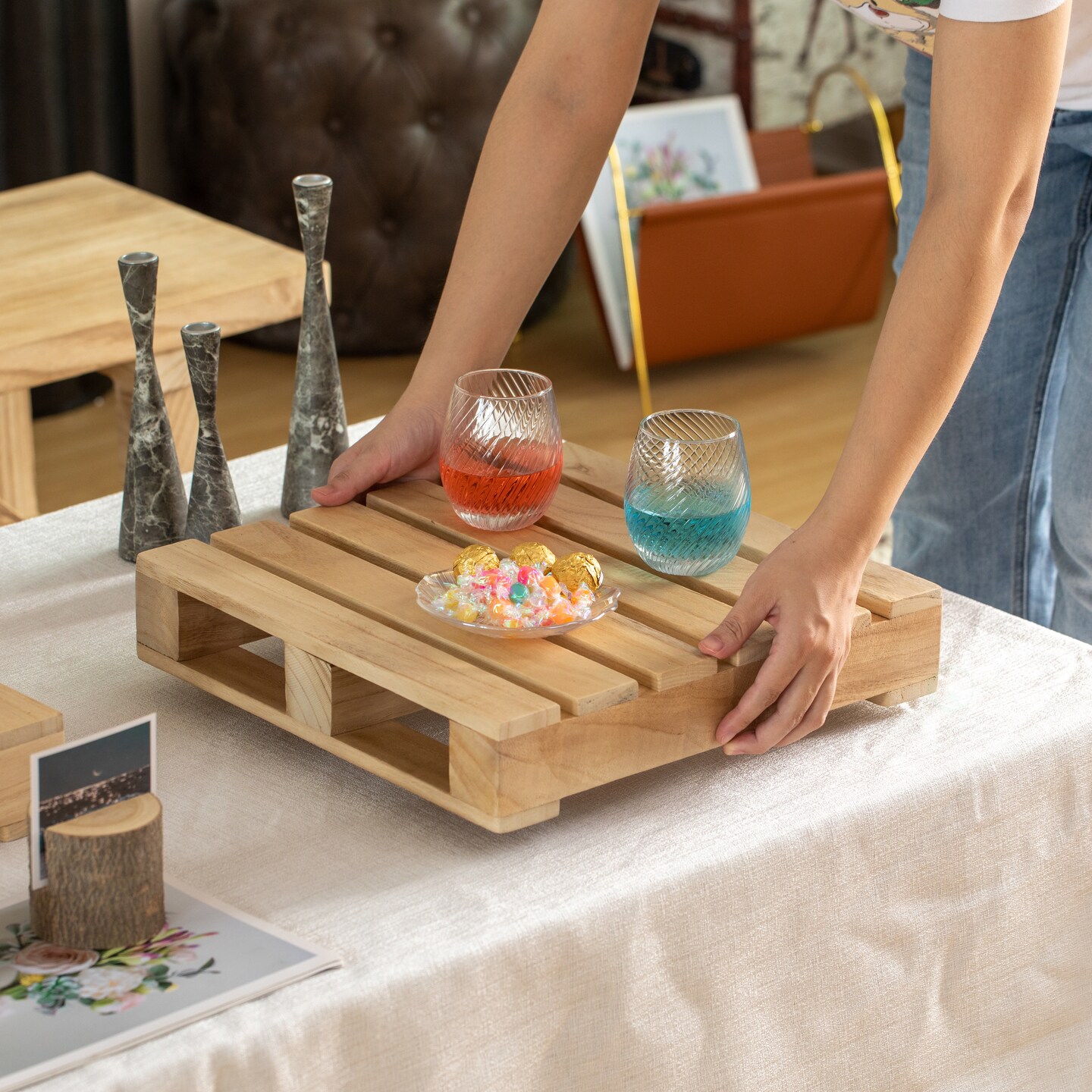 Vintiquewise Rustic Wooden Pallet Display Stand Natural Wood Riser for Home Decor Table Centerpiece Candle or Dessert Holders Plant Pot DIY Craft Party Accents and Event Presentation