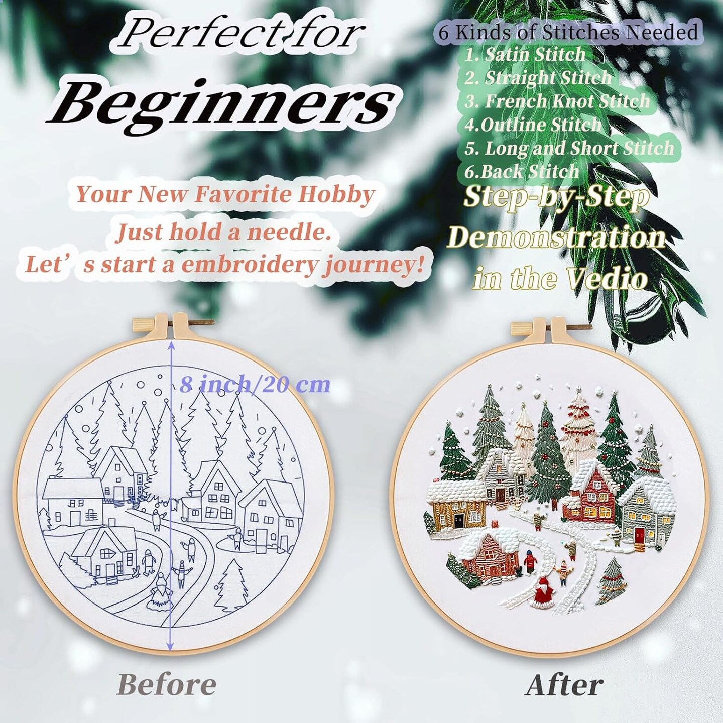 Crewel Christmas Embroidery Kit for Beginners – Winter Snow Scene Pine & Owl Cross Stitch Set, Includes Color Threads, Needle, 8’’ Hoop & Video Tutorial (White)