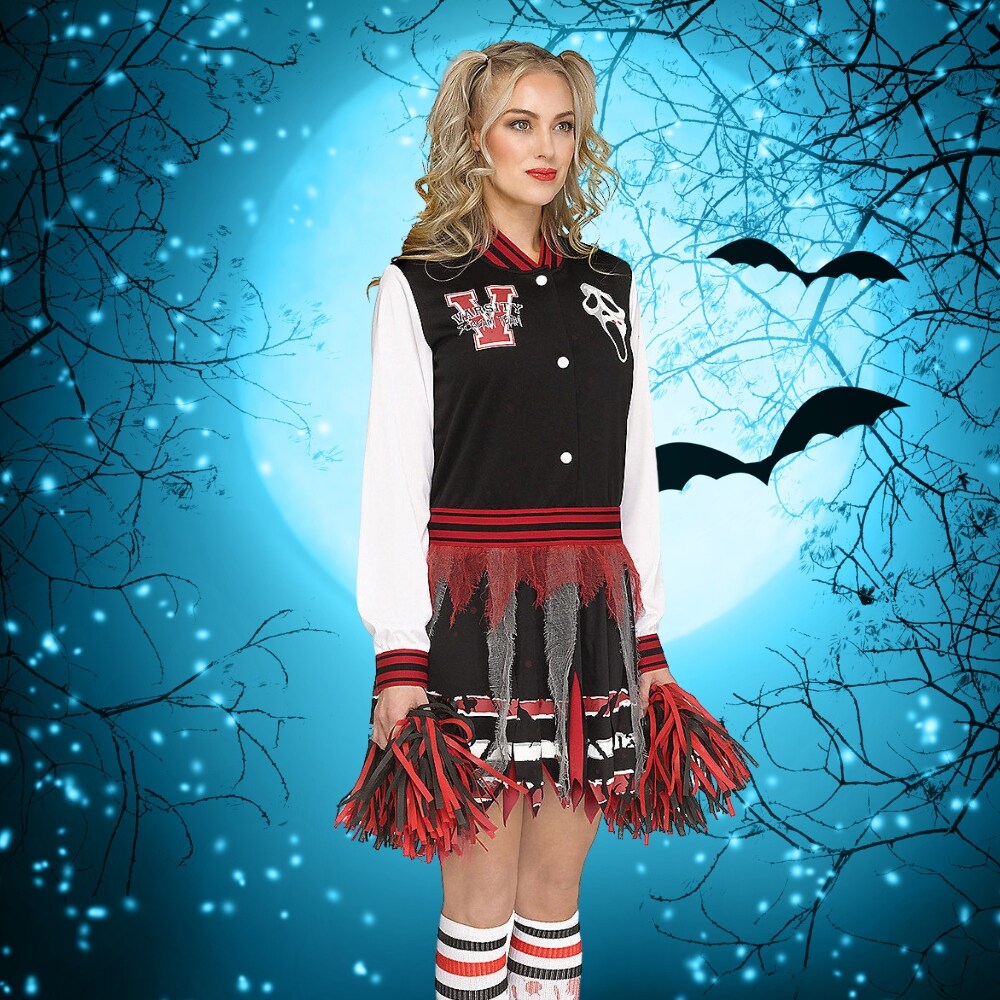 Scream for the Team Cheerleader Costume Adult Medium Large Halloween Varsity Dress Ghost Face Socks Pom Poms
