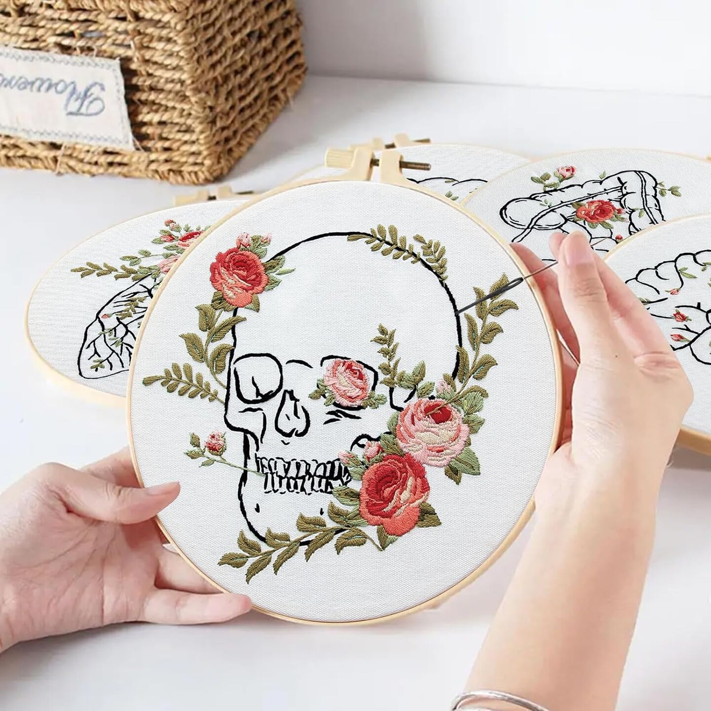 Skull & Anatomy Embroidery Kit for Beginners – 5 Floral Stamped Patterns with Hoops, Needles, and Threads – DIY Needlepoint Set for Adults, Doctors & Nurses
