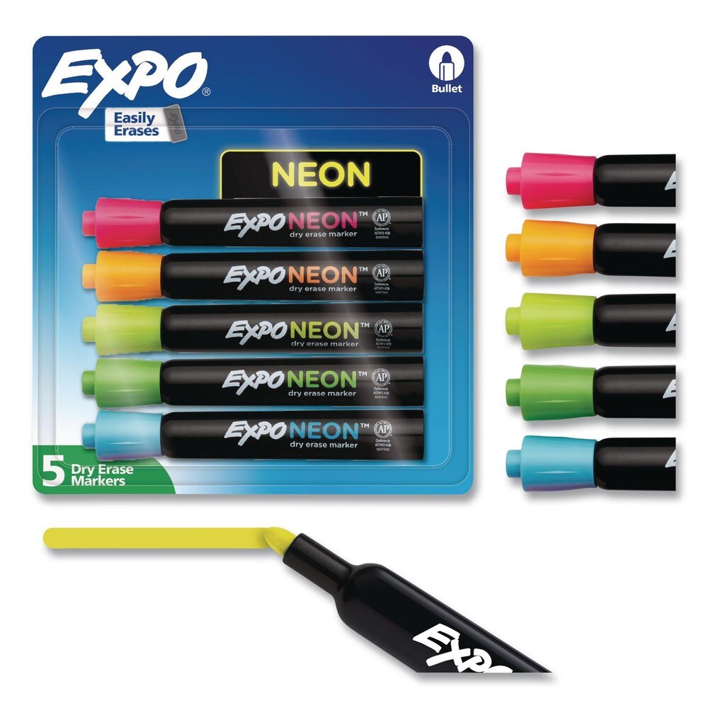 EXPO Broad Bullet Tip Neon Windows Dry Erase Marker - Assorted Colors (5/Set)