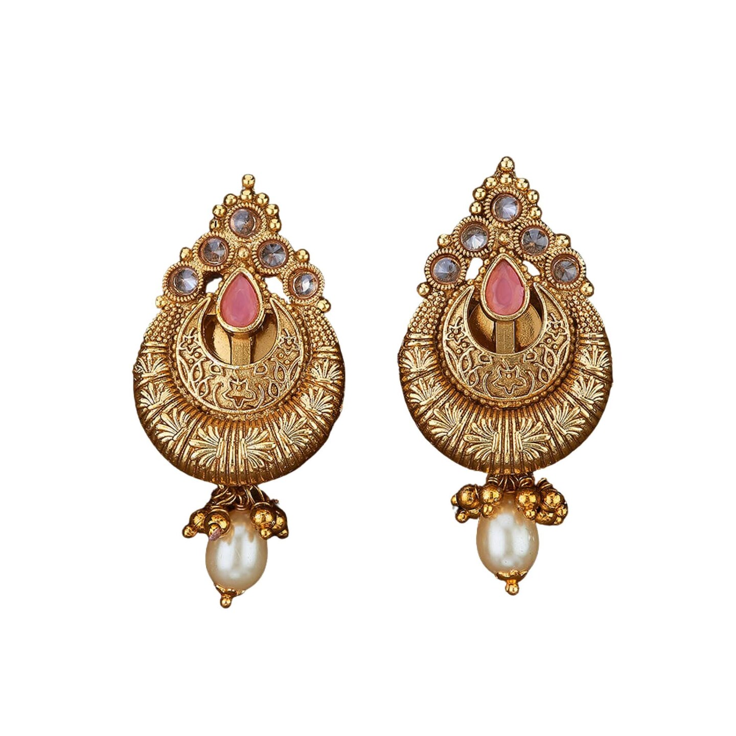 Indian Ethnic Earrings for Women - Traditional South Indian Stud Earrings Gold Plated Vibhati Jhumkas Faux Kundan Dangle Drop Earrings in Gold Tone Ear Jewelry for Bride | Gift for Her