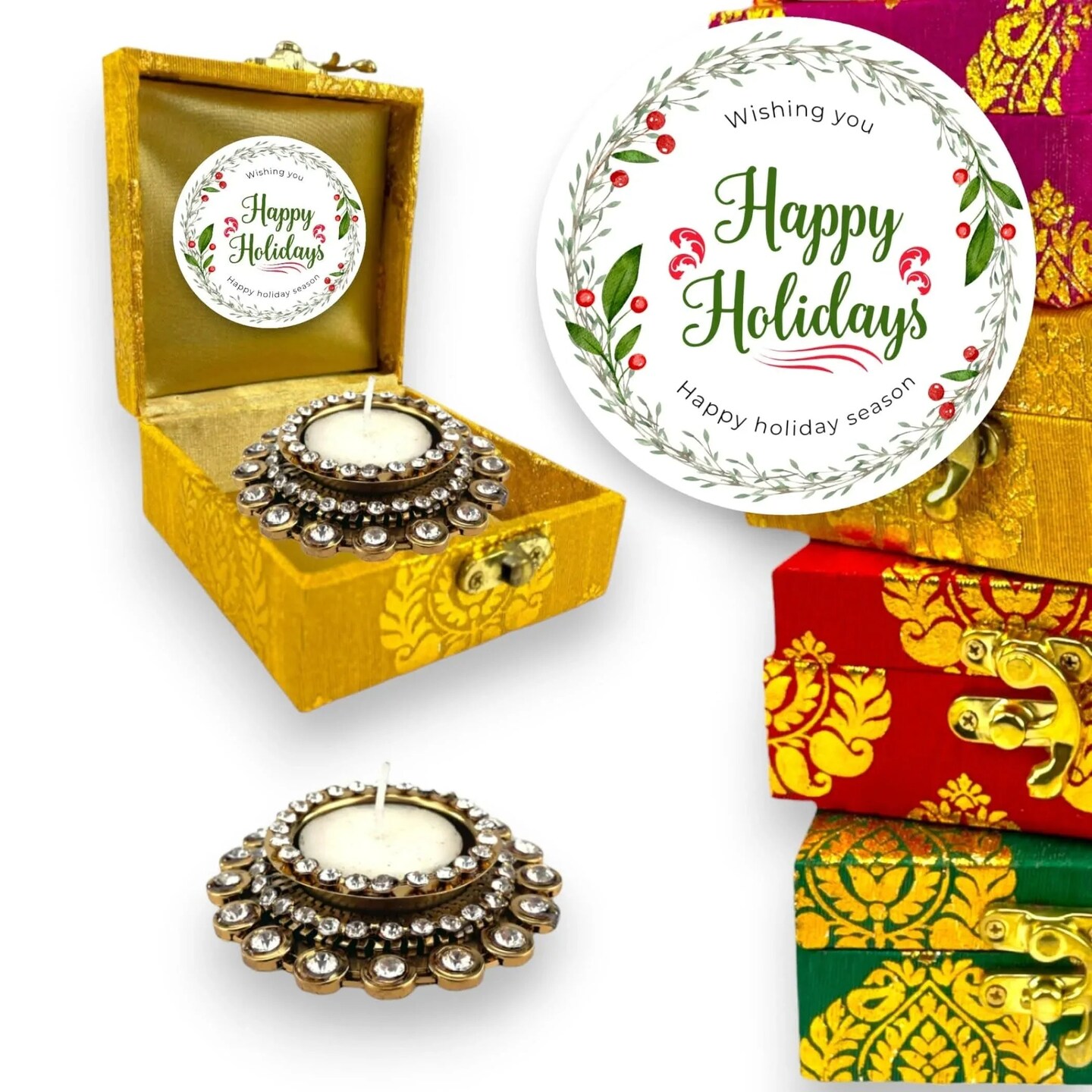 Diwali Gift Hamper Indian Festival Brocade Box with Tealight Candle Holders Christmas Gift Box Deepawali Hampers for Employees Home Office Friends Family Relatives - Return Gifts Items