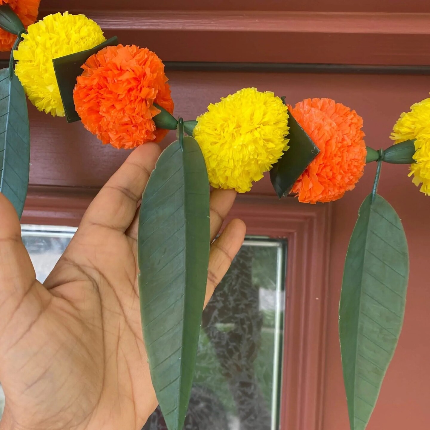 Marigold Mango Leaf Door Toran Hanging Valance Festival Marigold Garland Window Indoor Outdoor Decor Bandarwal Pooja Decor Wedding Favor Diwali Decor
