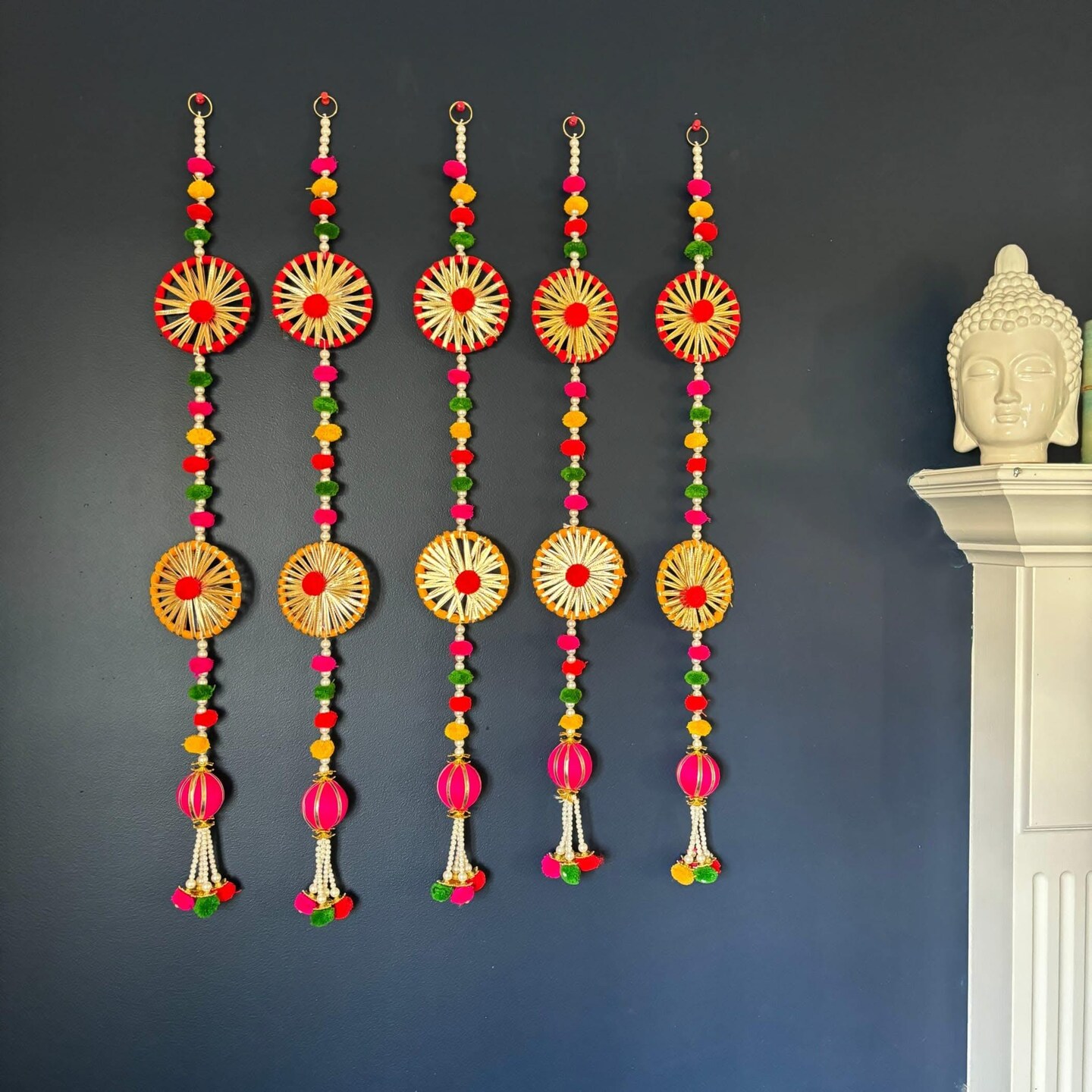 2 Strings Wall Backdrop Hanging Pompom Wheels Handmade Artificial Diwali Decoration Wedding India Diwali Decor Wall Decor Tapestry Wall Hanging