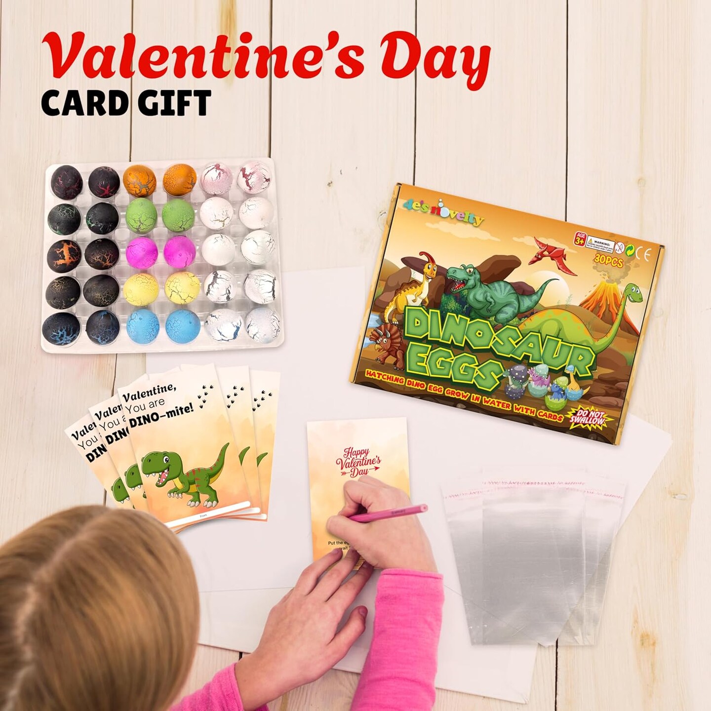 4E's Novelty 30 Pack Dinosaur Egg with Valentines Cards for Kids - Hatching Dino Eggs Grow in Water, Valentine Dinosaur Eggs Classroom Exchange Gifts, Valentines Day Party Favors for Boys Girls
