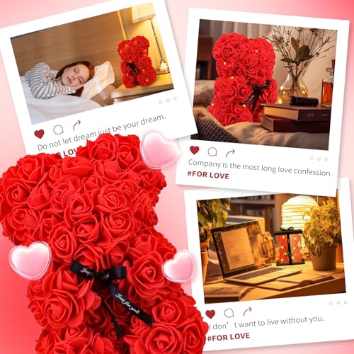 Otlonpe Bear Rose Flower, Mothers Day Flowers Gifts for Mom Wife Grandma Daughter Friends Sister Her, 9 inch Handmade Roses Led Light in Gifts Box, Womens Gifts for Birthday Christmas Valentines