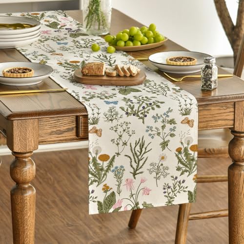 Mode Wildflowers Floral Spring Table Runner, Seasonal Summer Butterfly Kitchen Dining Table Decoration for Home Party 13x72 Inch