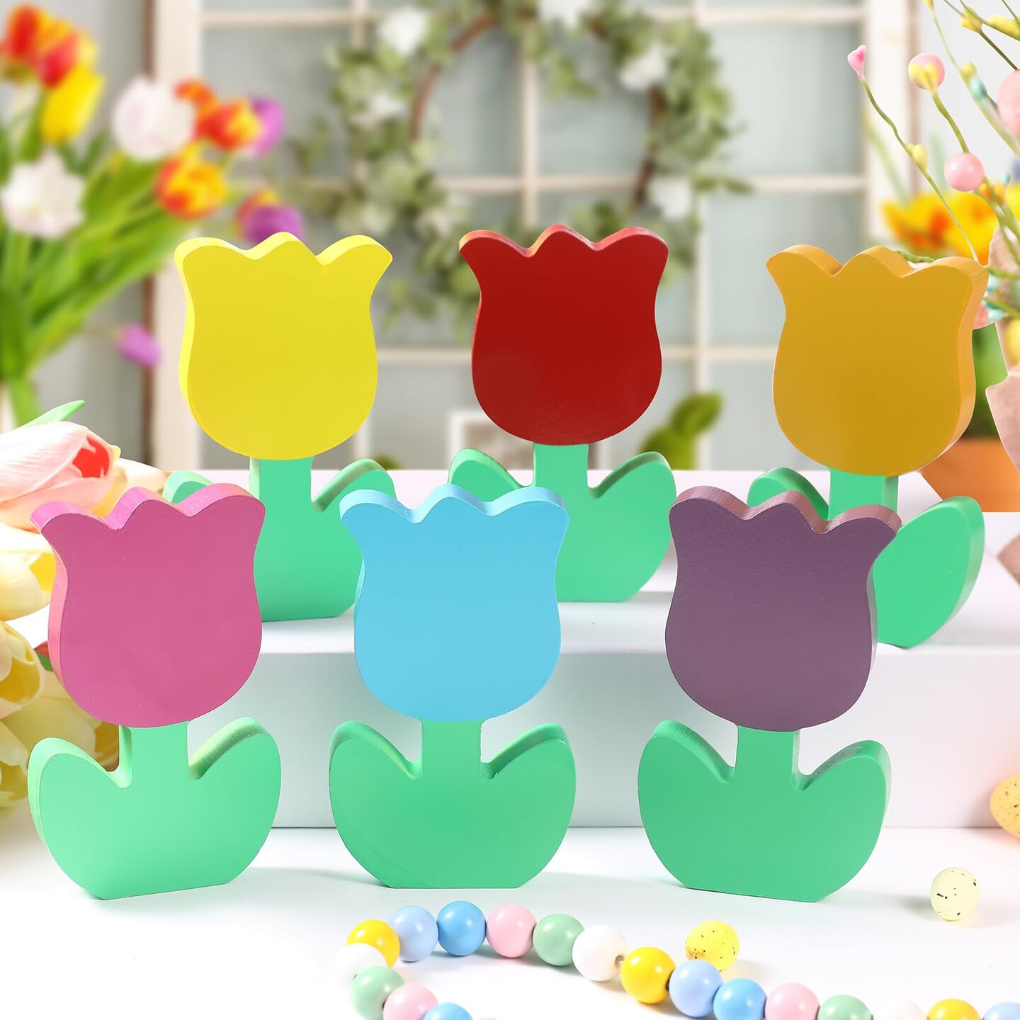 Spring Decorations for Home-6Pcs Wooden Tulips Flowers -Spring Decor Farmhouse Tulip Signs for Home Easter Rustic Shelf Mantel Tiered Tray Tabletop Windowsill Decor