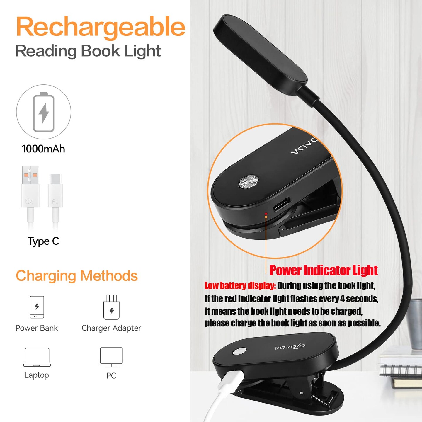 Rechargeable Book Light, 14 LEDs Eye Care Clip On Amber Reading Light for Bookworms Reading in Bed with 9 Colors 9 Brightness(Black)