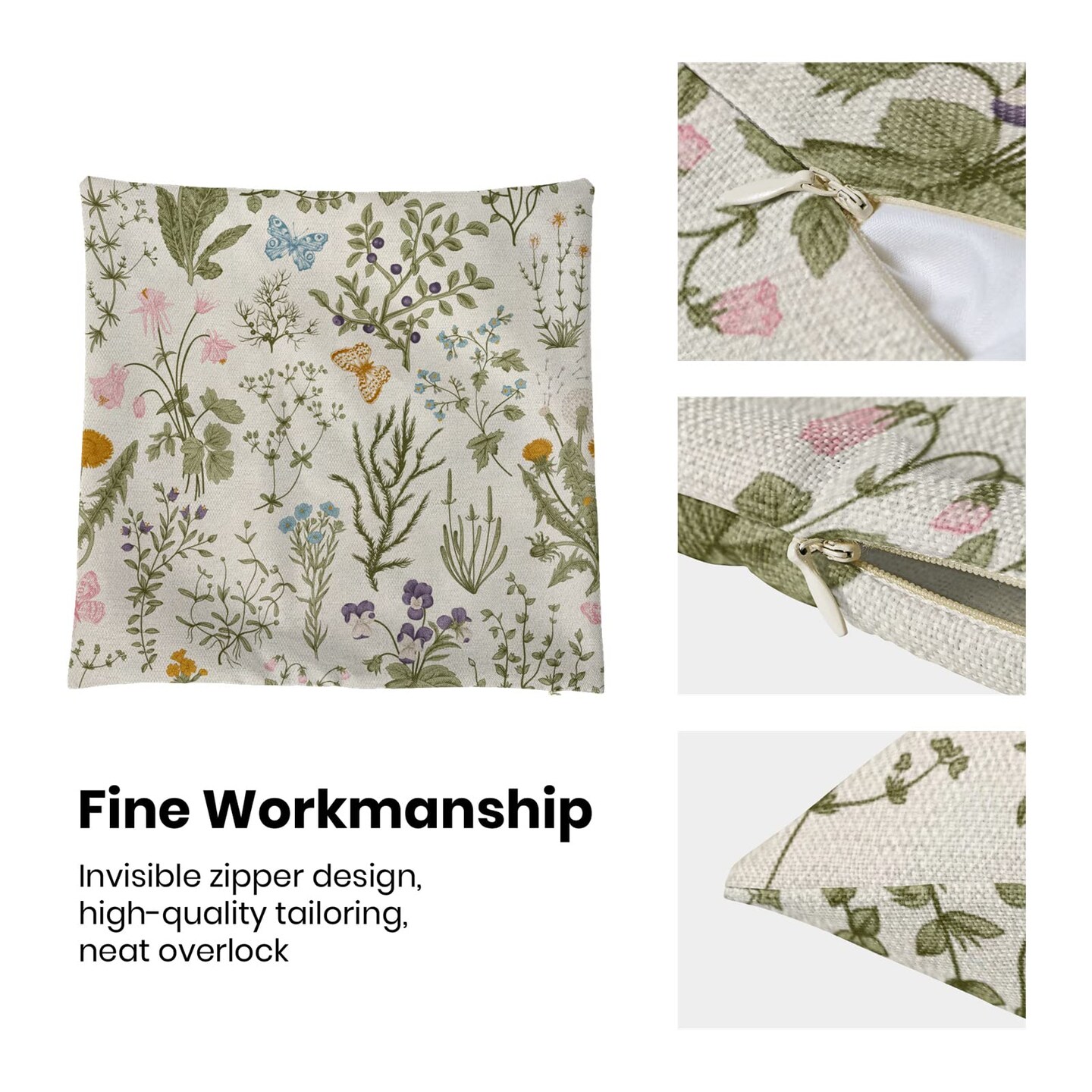 Spring Pillow Covers 18x18 Inch Set of 2,Sage Green Wild Flower Plant Throw Pillows Case,Seasonal Floral Outdoor Decorative Square Linen Farmhouse Decor Cushion Covers for Home Sofa Bed Couch