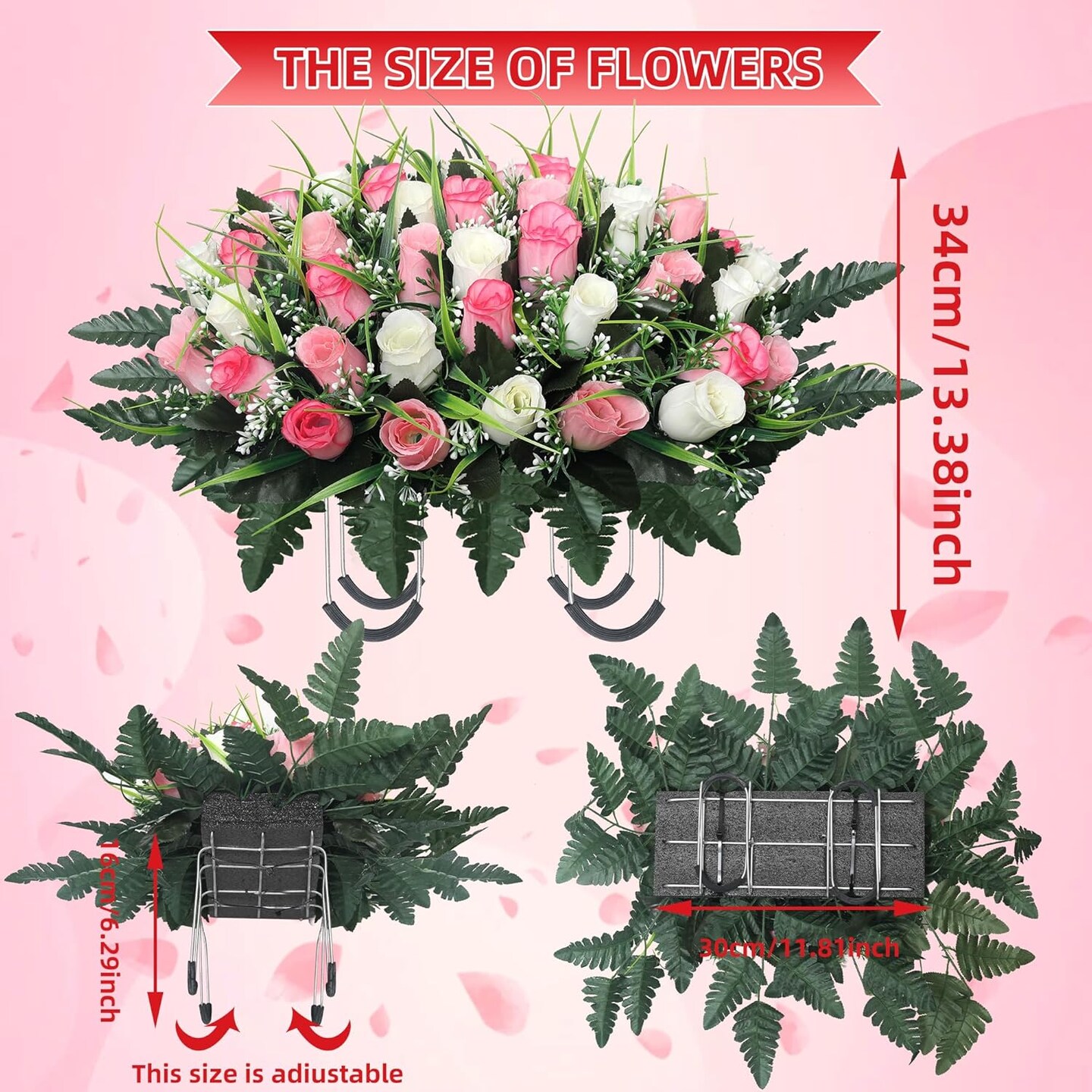 Cemetery Flowers for Grave,Headstone Flower Saddle,Flowers for Cemetery Grave Decoration Headstone Flower Saddle for Headstone Decoratio (Pink White)