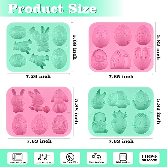 4 Pack Easter Chocolate Molds, Bunny Half Egg Shaped Non-stick Silicone Molds for DIY Chocolate Candy Muffin Handmade Soap Cake Decoration