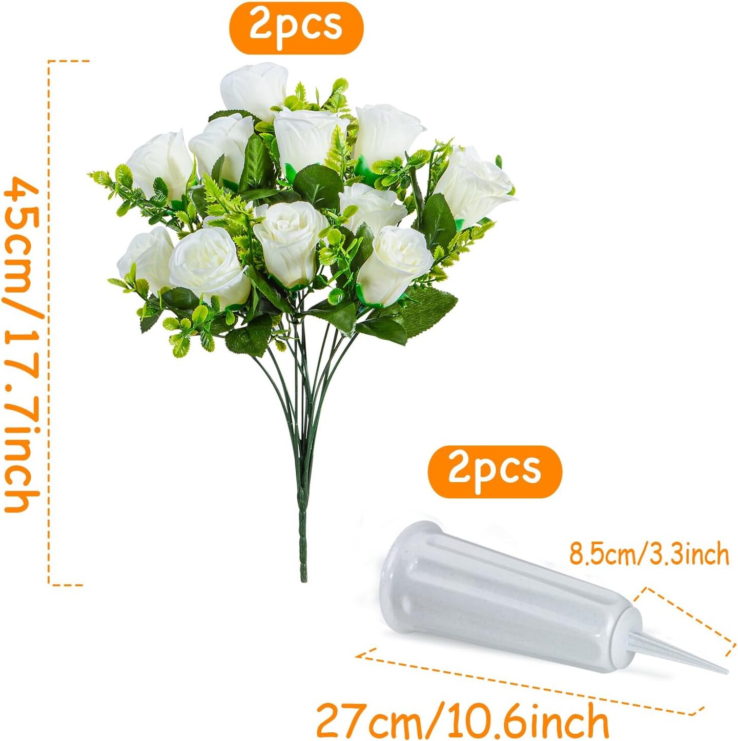 Artificial Cemetery Flowers, Set of 2 Artificial Rose Bouquet Grave Memorial Flowers with Vase for Cemetery Headstones Decoration (White)