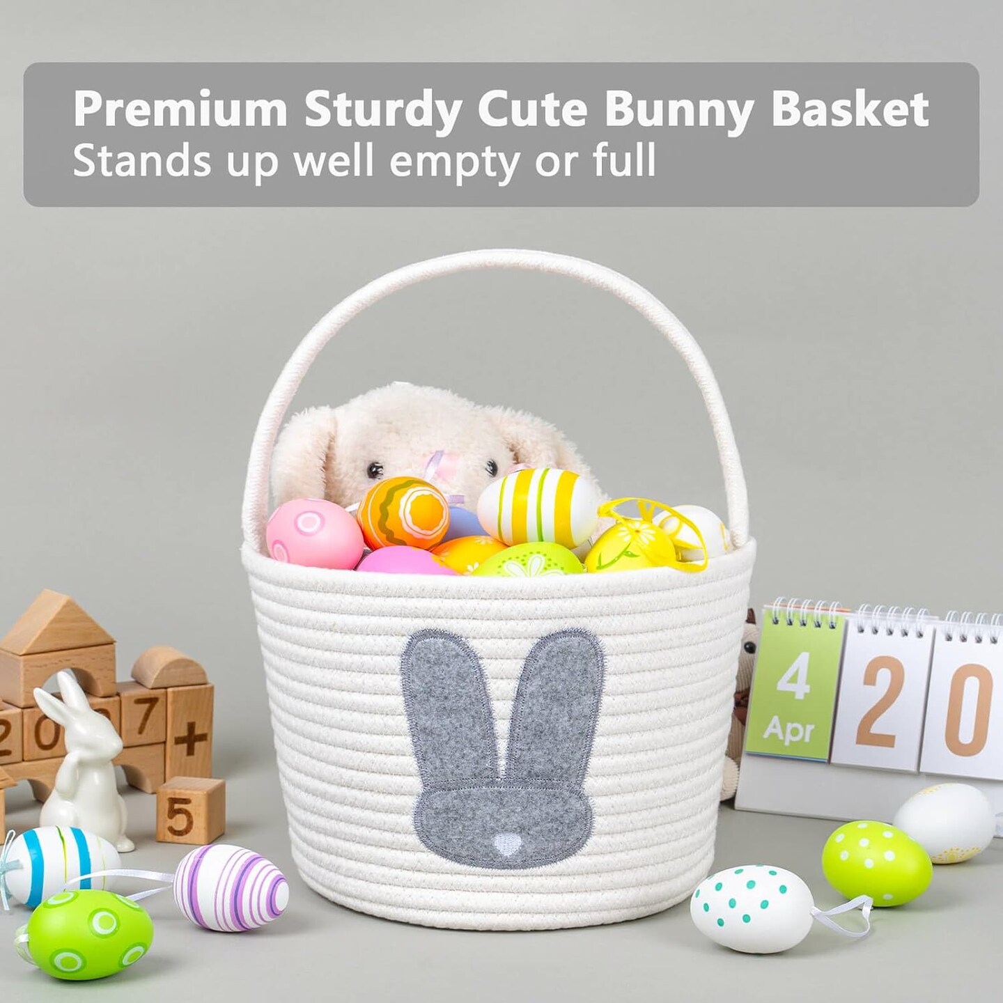 Easter Bunny Basket Set for Kids, Babies, 2-Piece Easter Egg Hunt Baskets for Girls, Boys, Soft &#x26; Durable Cotton Rope Empty Gift Basket, Festive Decor &#x26; Gift Ideas, Large