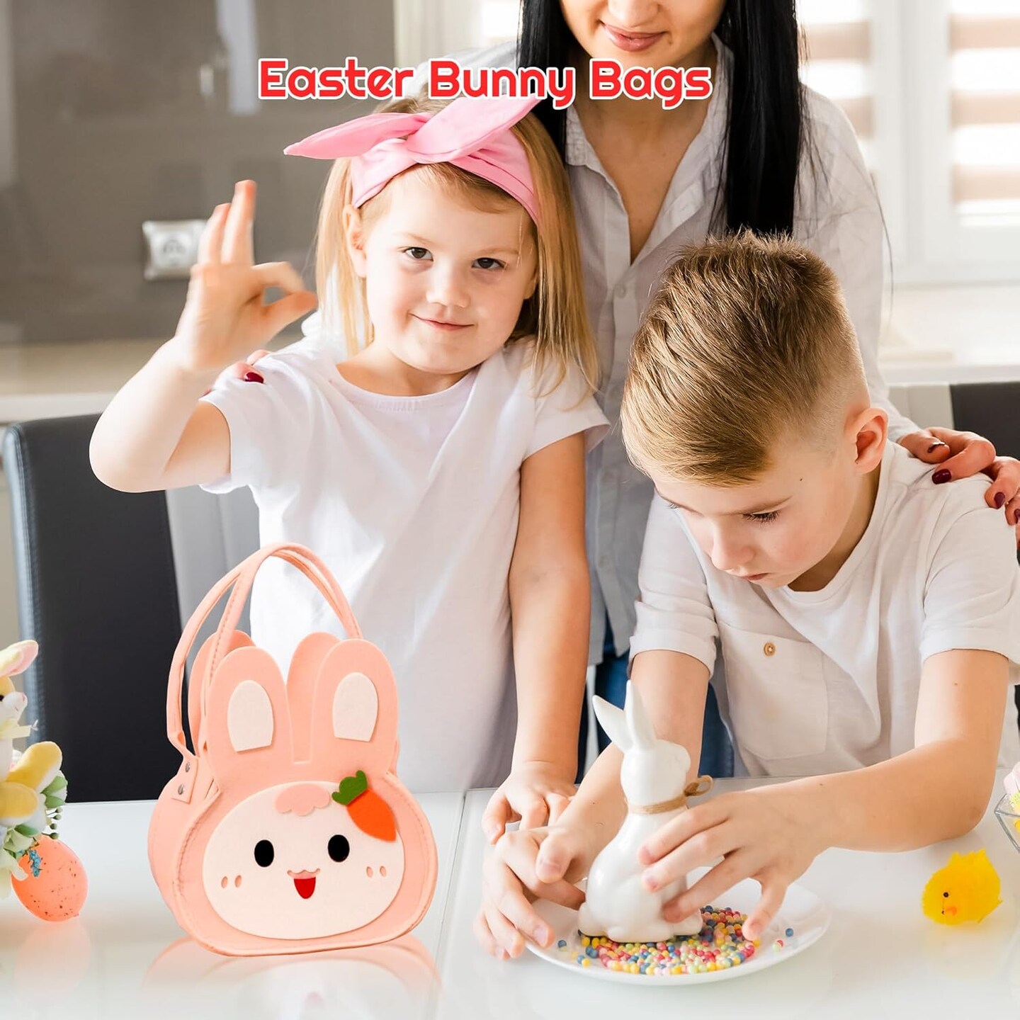 Easter Baskets Bunny Gift Bag: Pink Bunny Felt Baskets for Kids Empty with Handles