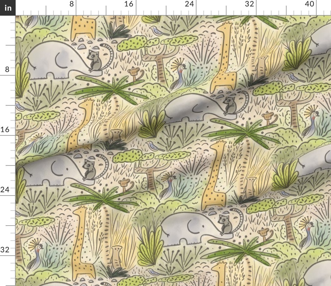 Safari Watercolor Exotic Animals Baby Kids Nursery Zoo Elephant Monkey Lemur Giraffe Palm Tree Tropical Birds Large Scale Custom Printed Fabric by Spoonflower Various Fabrics by the Yard or Fat Quarter