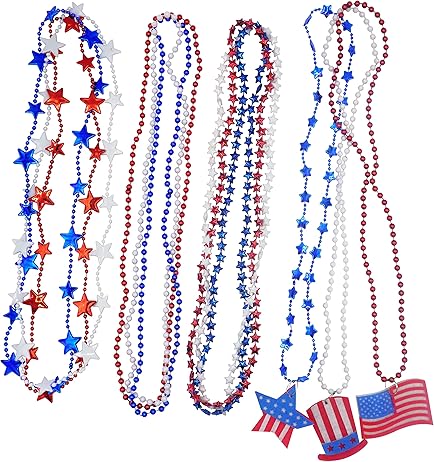 4E's Novelty Patriotic Beads – 72 Pack Red White Blue Beaded Necklaces, 4th of July Party Favors