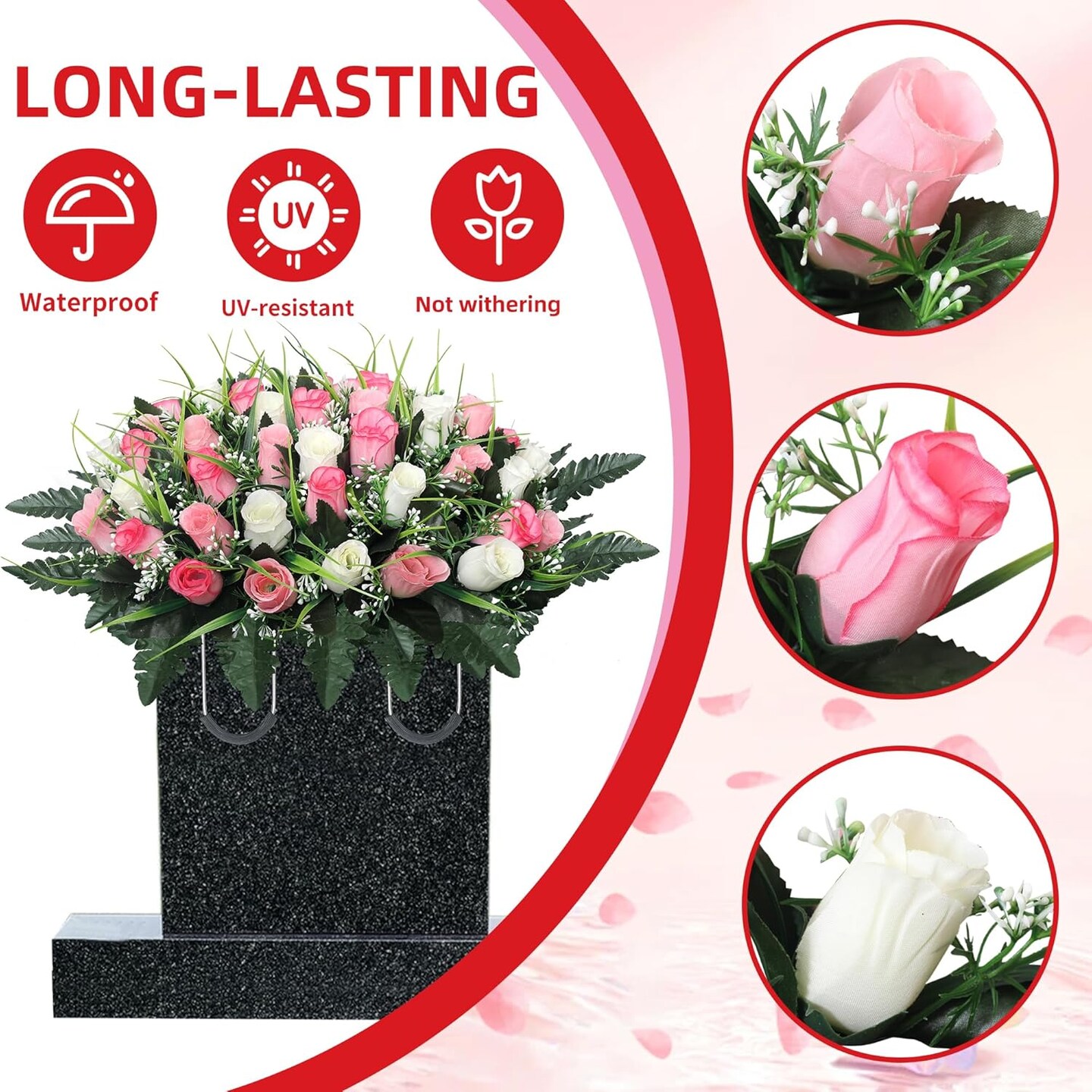 Cemetery Flowers for Grave,Headstone Flower Saddle,Flowers for Cemetery Grave Decoration Headstone Flower Saddle for Headstone Decoratio (Pink White)