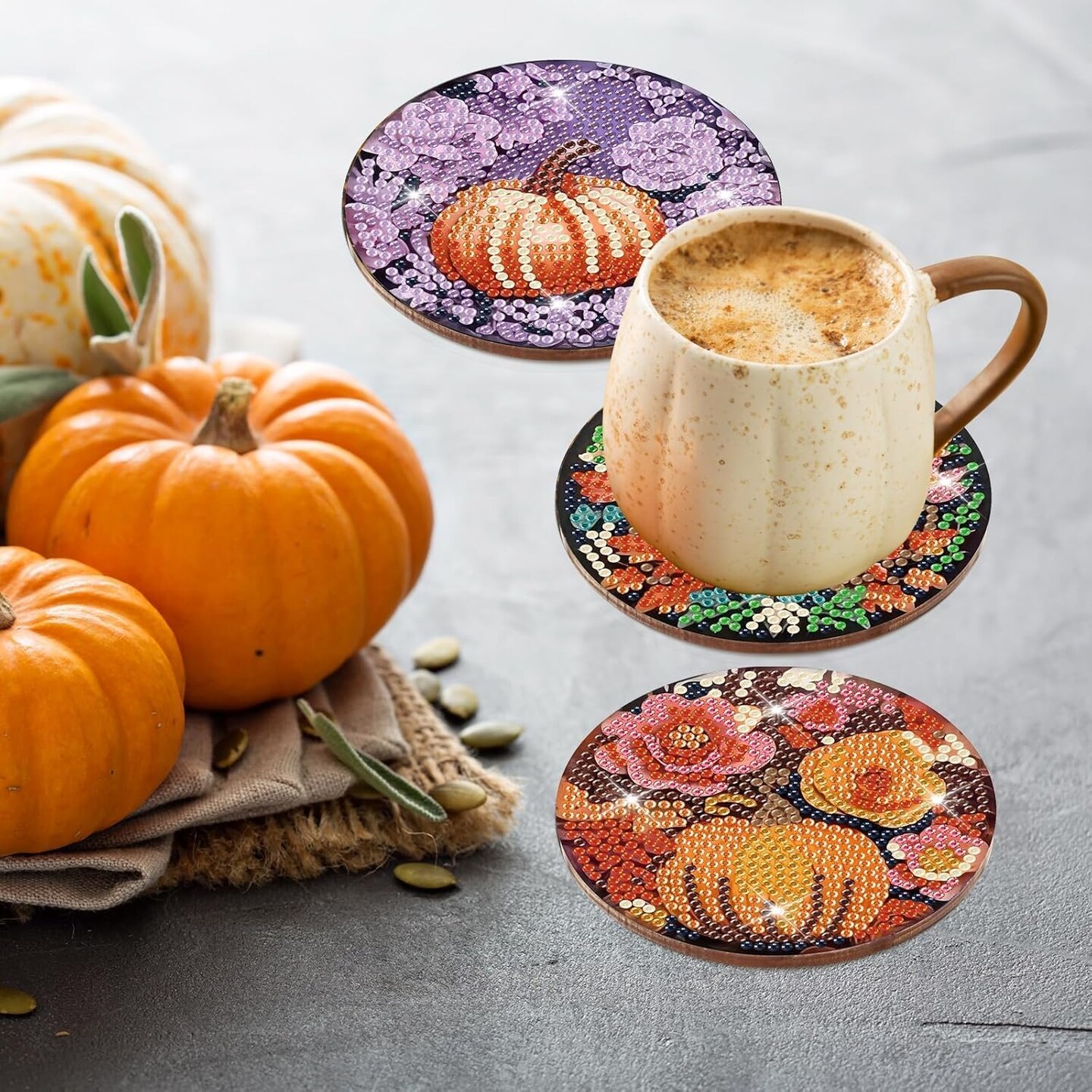 8 Pcs Fall Pumpkin Diamond Art Painting Coasters Kits (Fall Pumpkin-2) 4 x 4 x 0.1 inches