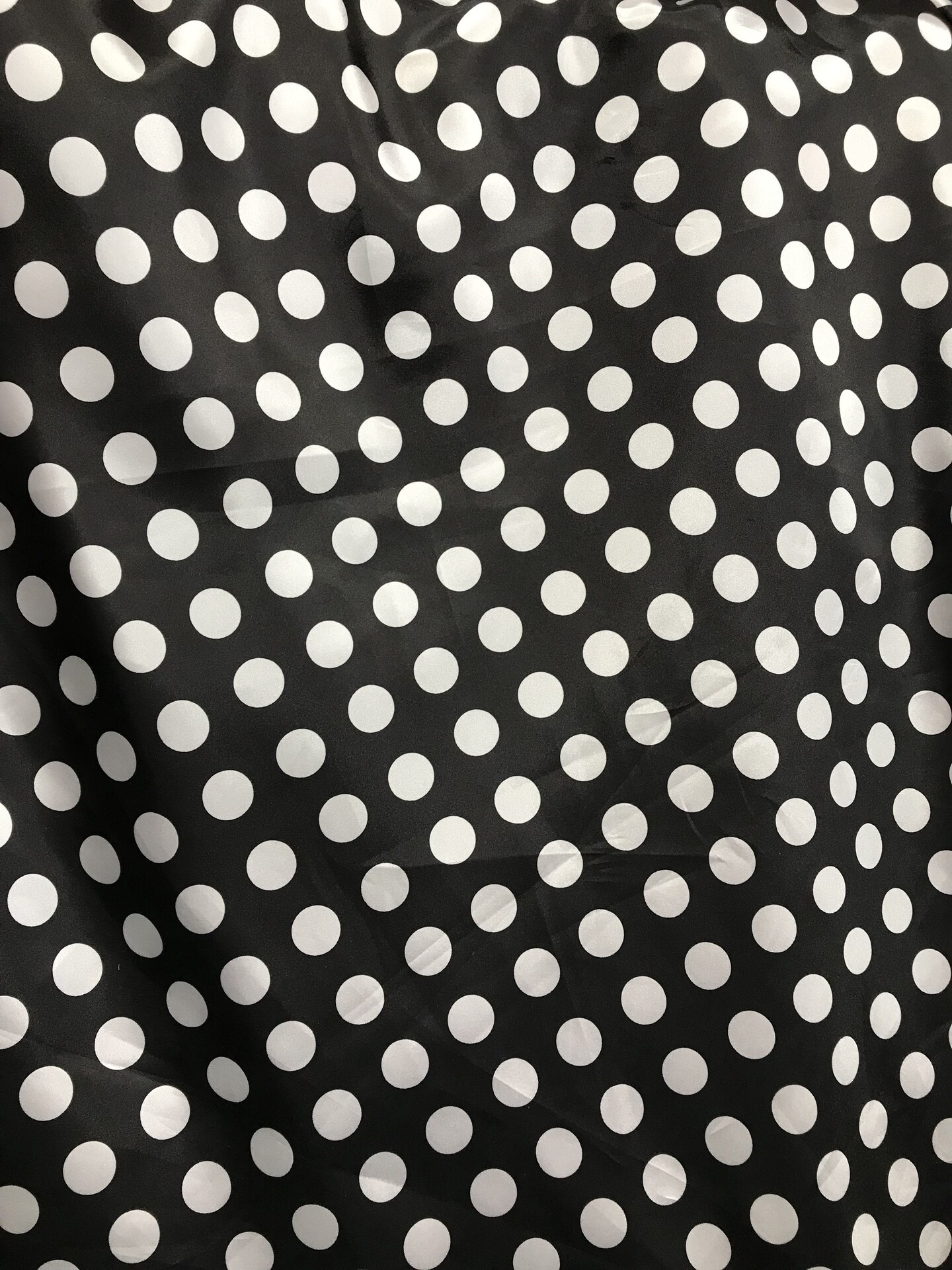 1 Yard White Polka Dot Satin Fabric Black Background Lightweight Shiny Polyester Quarter Size Dots 59/60 Inches Width