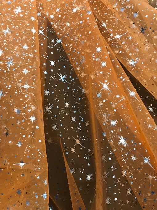 1 Yard Orange Organza with Silver Foil Stars Sheer Polyester Fabric for Costumes, Decor, and Crafts 58/60″ Wide