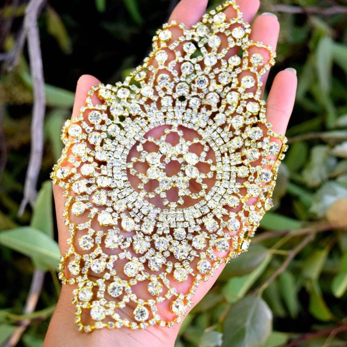 7" x 4.5" Antique Gold Crystal Rhinestone Applique for Wedding Dress Hat Jacket Decoration