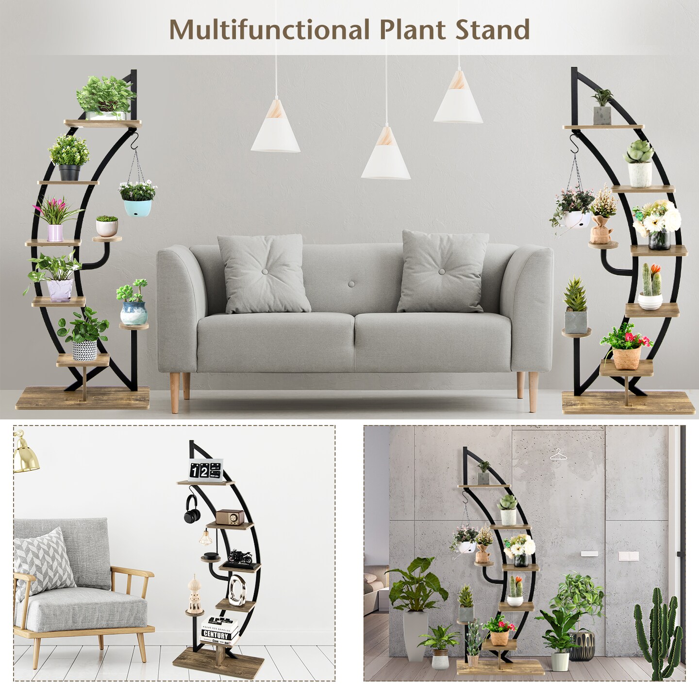 Costway 2PC 6 Tier Metal Plant Stand Rack Half Moon Shape Ladder Planter Organizer w/Hook