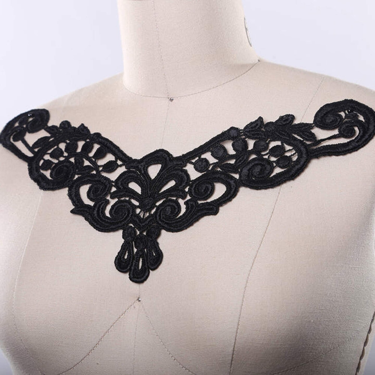 Venice Lace Collar Applique Black V-Neck Embroidered Trim for Dresses & Costumes