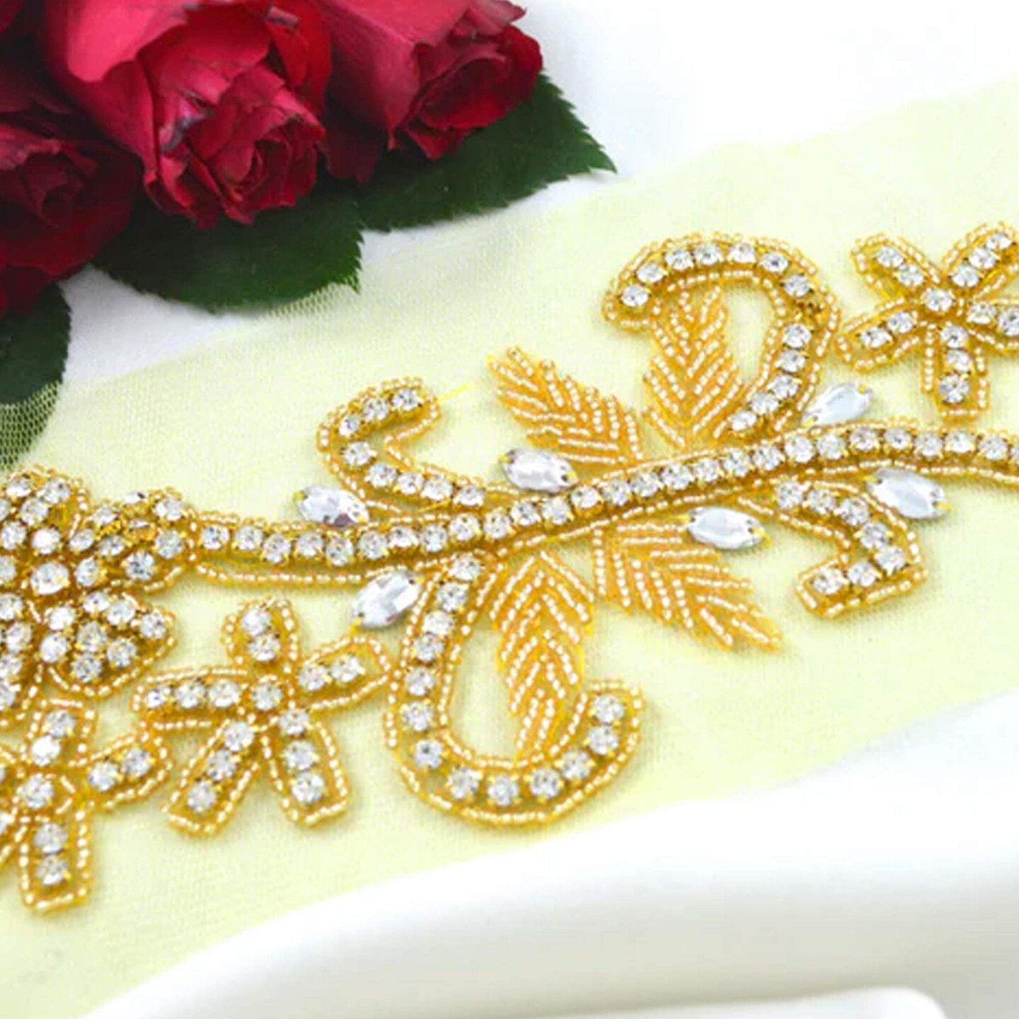 Gold Rhinestone Beaded Flower Branch Applique Long Waistline Dress Patch