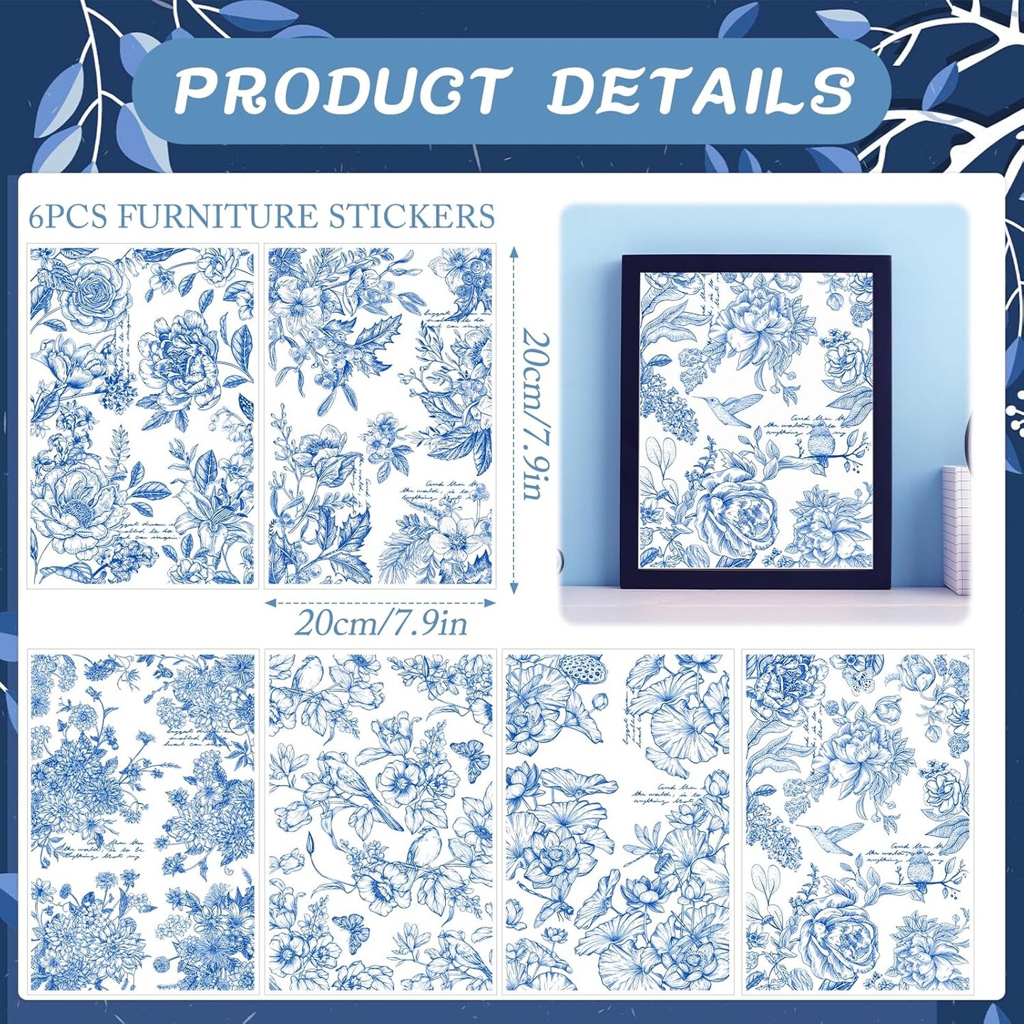Blue Flower Rub on Transfers for Crafts - 6 Sheets