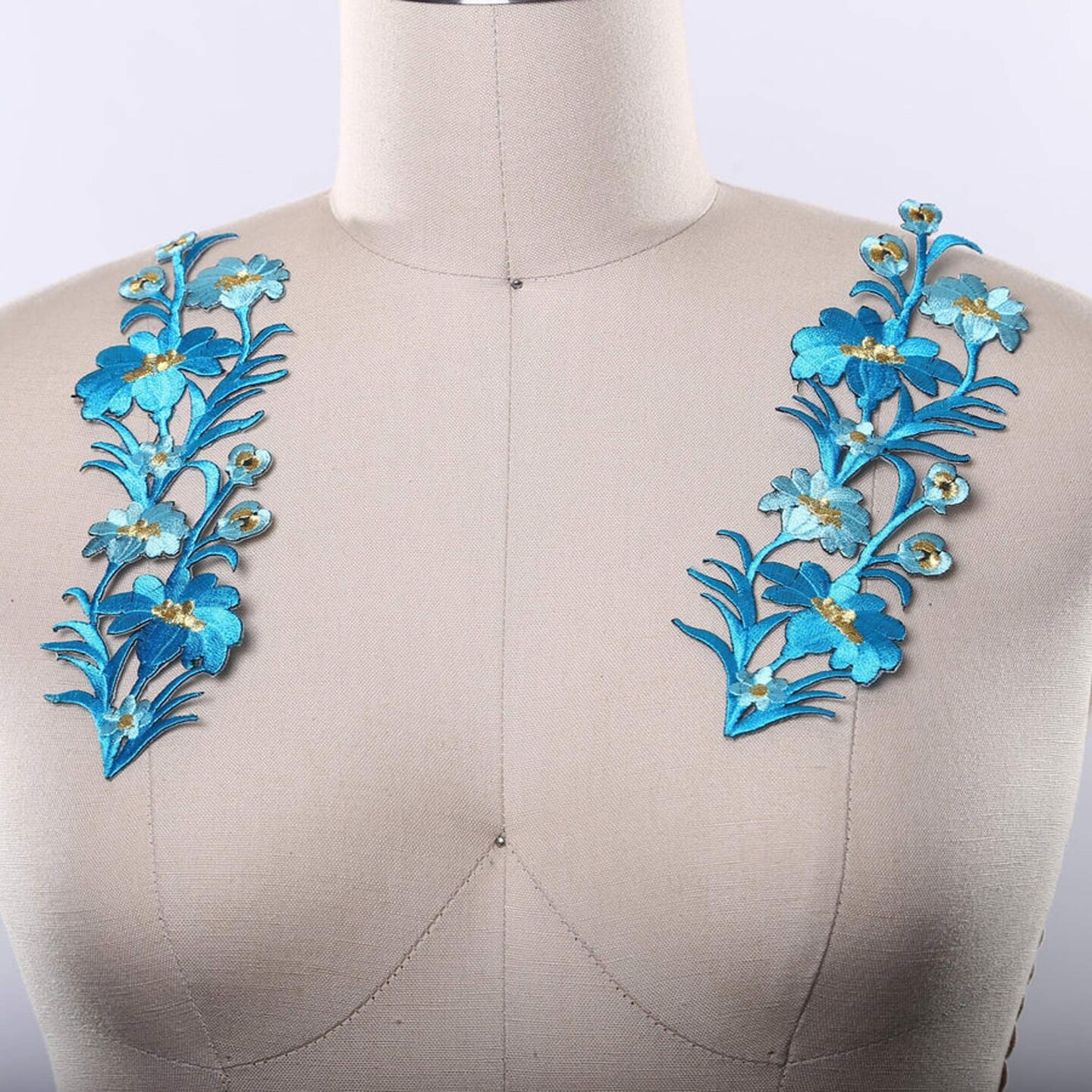 8&#x22; x 2.25&#x22; Electric Blue Flower Patches Set of 2 Embroidered Appliques with Gold Thread Accent