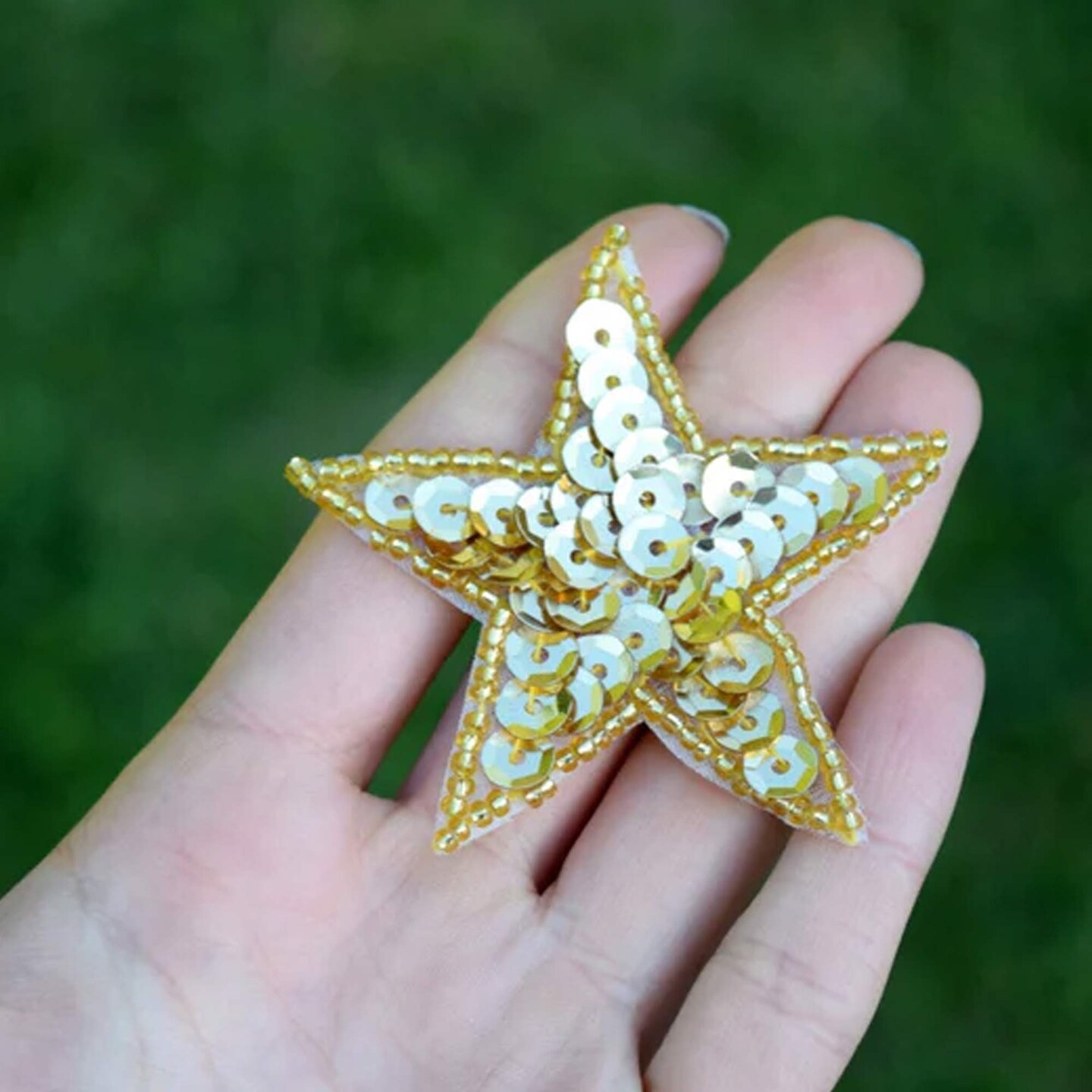 5 Small 2&#x22; Gold Star Sequin Beaded Iron On Patches for DIY Clothes Headbands Gift Wrapping