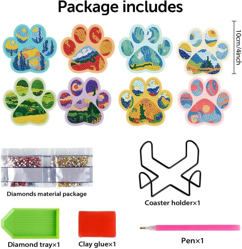 Dog Footprints Small Diamond Painting Coasters Kit with Cork Pad