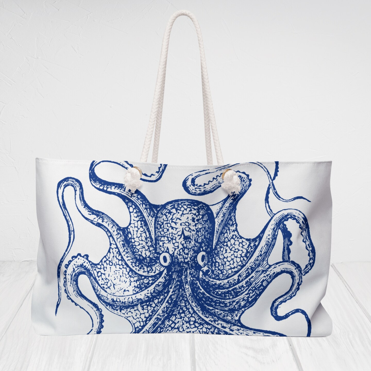 Blue Octopus Personalized Beach Tote Bag with Rope Handles. Custom